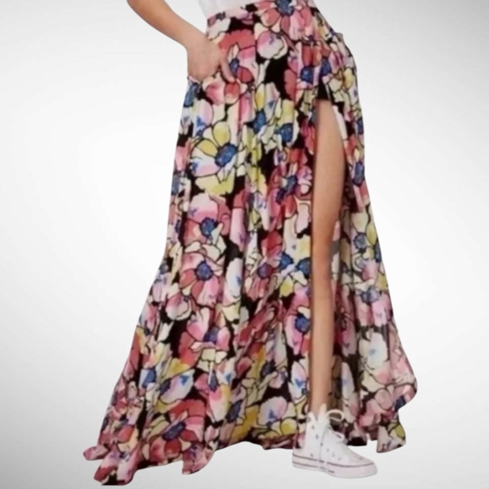 Free People “Hot Tropics” Open Front Maxi Skirt in Multicolor Floral Print- 0